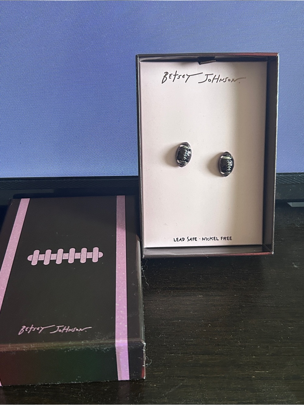 Betsey Johnson Football Stud Earrings with Pink Accent Box